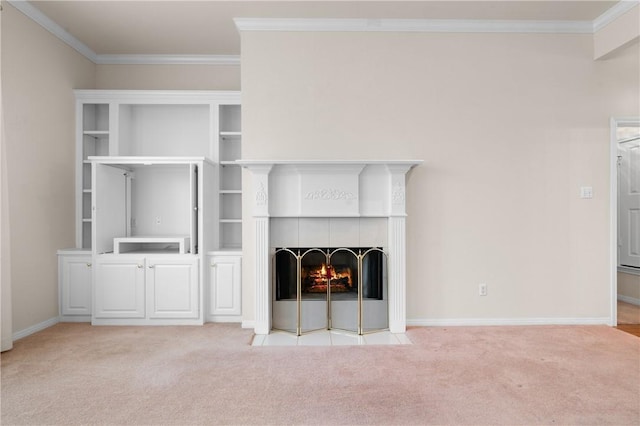 unfurnished living room featuring light colored carpet and ornamental molding