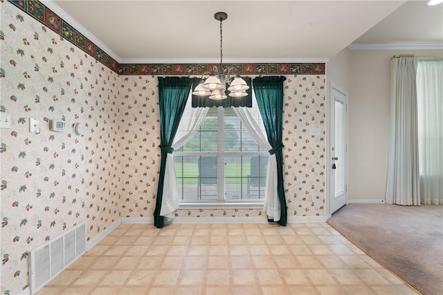 unfurnished dining area featuring crown molding, light colored carpet, and a notable chandelier