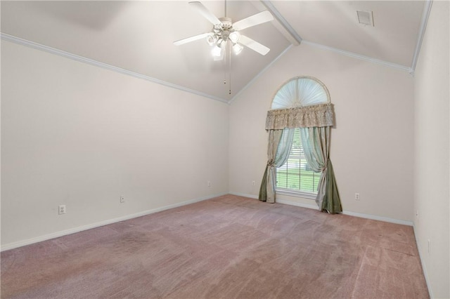 spare room featuring light carpet, vaulted ceiling, and ornamental molding