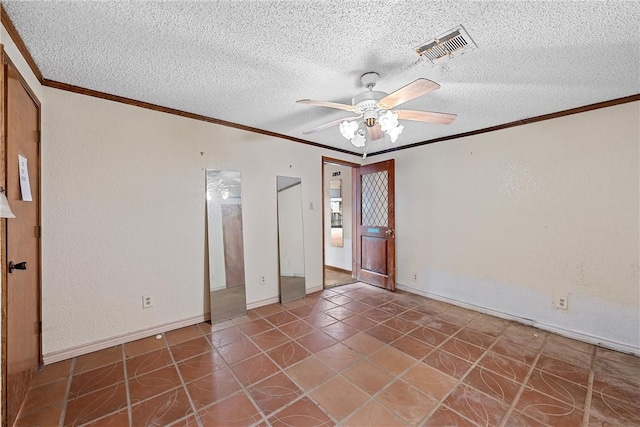 unfurnished bedroom with tile patterned flooring, ceiling fan, crown molding, and a textured ceiling