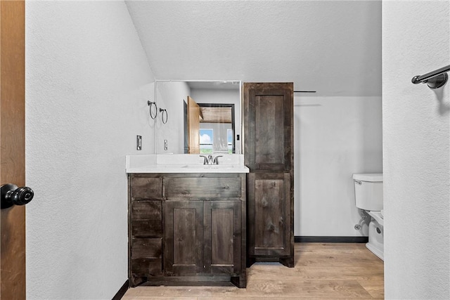 bathroom featuring wood-type flooring, vanity, a textured ceiling, and toilet