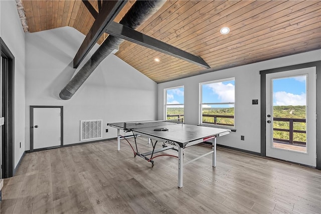 game room with lofted ceiling with beams, wooden ceiling, and light hardwood / wood-style flooring