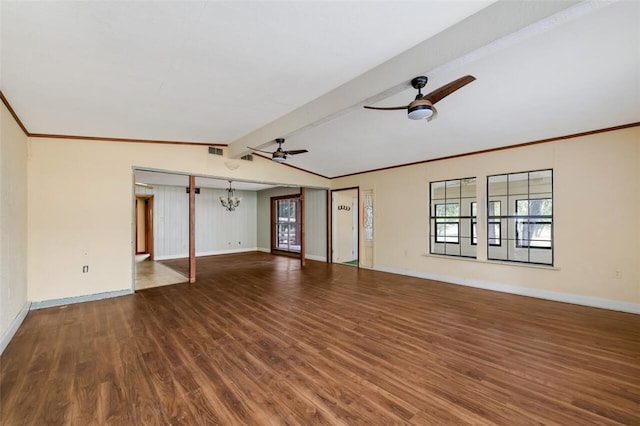 unfurnished living room featuring beam ceiling, crown molding, dark wood-type flooring, and ceiling fan with notable chandelier