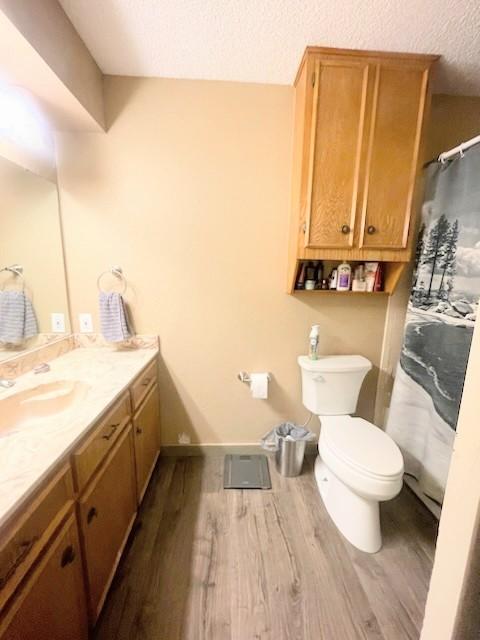 bathroom featuring vanity, wood-type flooring, a textured ceiling, and toilet