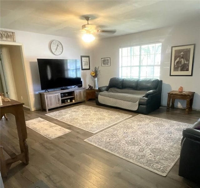 living room with ceiling fan and dark hardwood / wood-style flooring