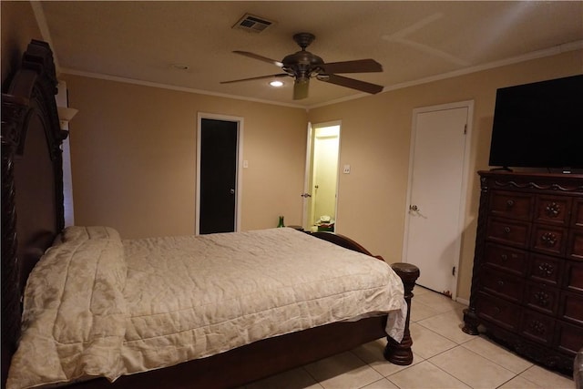 tiled bedroom with ceiling fan and crown molding