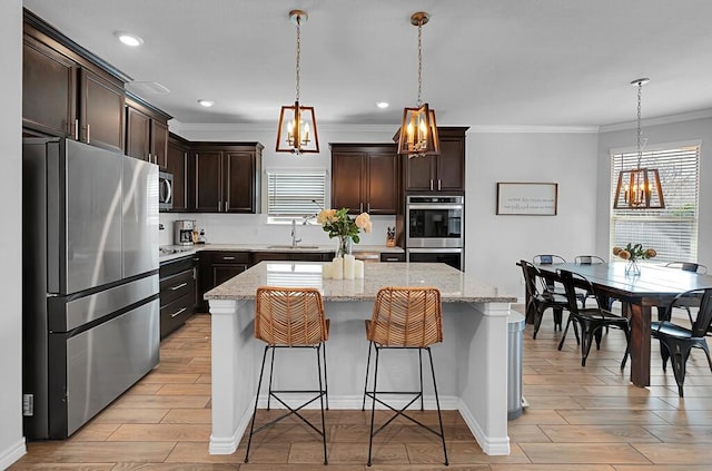 kitchen with dark brown cabinetry, a wealth of natural light, appliances with stainless steel finishes, and a sink