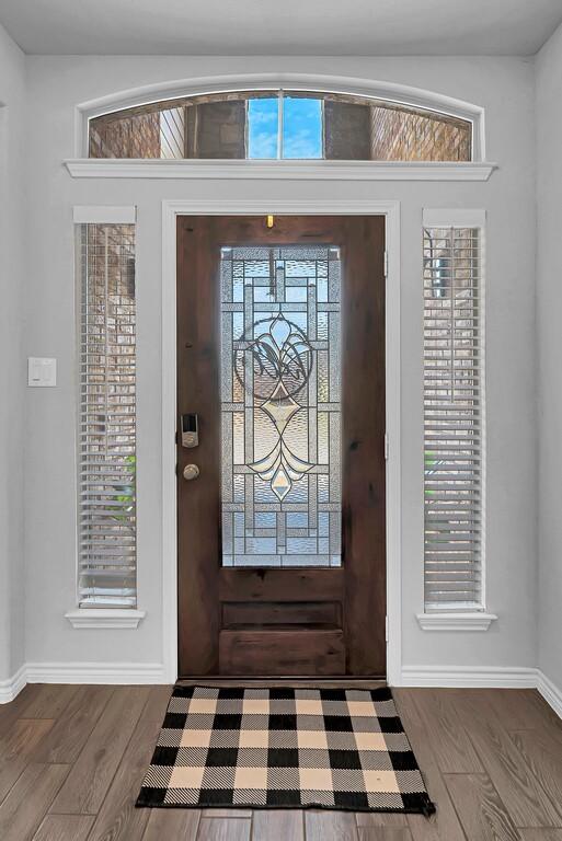 foyer with a healthy amount of sunlight, wood finished floors, and baseboards