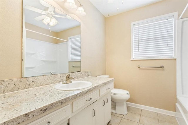 bathroom featuring tile patterned flooring, vanity, ceiling fan, walk in shower, and toilet