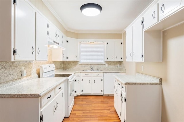 kitchen with white cabinetry, light wood-type flooring, and white appliances