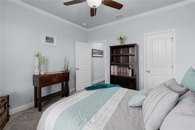 bedroom featuring ceiling fan, light carpet, and ornamental molding