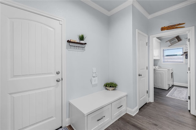 mudroom featuring washer and clothes dryer, ornamental molding, and hardwood / wood-style flooring