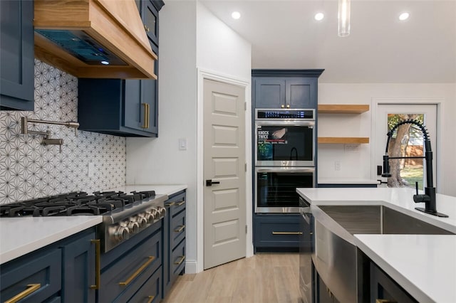 kitchen featuring backsplash, premium range hood, sink, light hardwood / wood-style floors, and stainless steel appliances