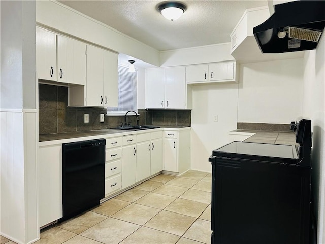 kitchen with sink, black dishwasher, range with electric stovetop, white cabinets, and exhaust hood