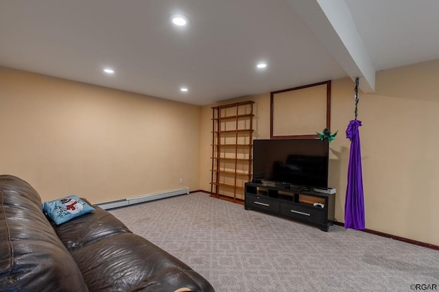 living room with beamed ceiling, carpet floors, and baseboard heating