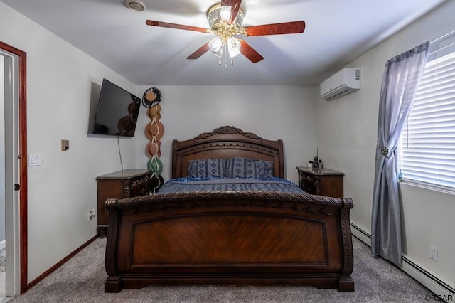 carpeted bedroom with a baseboard heating unit, an AC wall unit, and ceiling fan