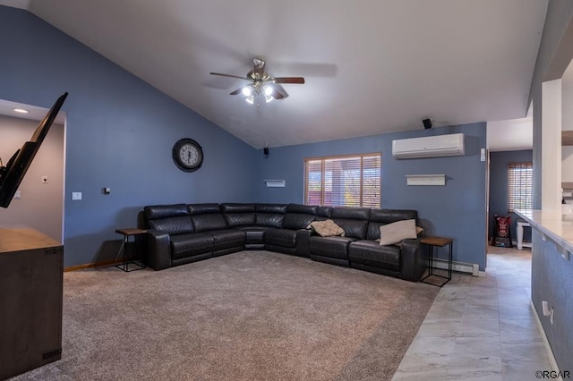 carpeted living room with a wall mounted air conditioner, lofted ceiling, ceiling fan, baseboard heating, and plenty of natural light