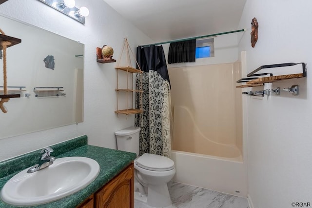 full bathroom featuring shower / bathtub combination with curtain, vanity, and toilet