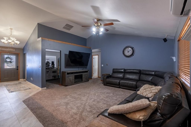 carpeted living room featuring lofted ceiling, ceiling fan with notable chandelier, and a wall unit AC