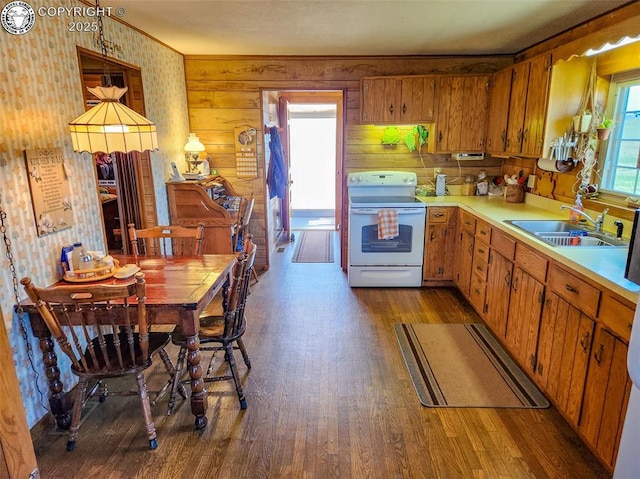 1660 Lone Tree Cir, Westcliffe, CO 81252 - kitchen featuring electric range, a sink, dark wood-type flooring, wallpapered walls, and light countertops