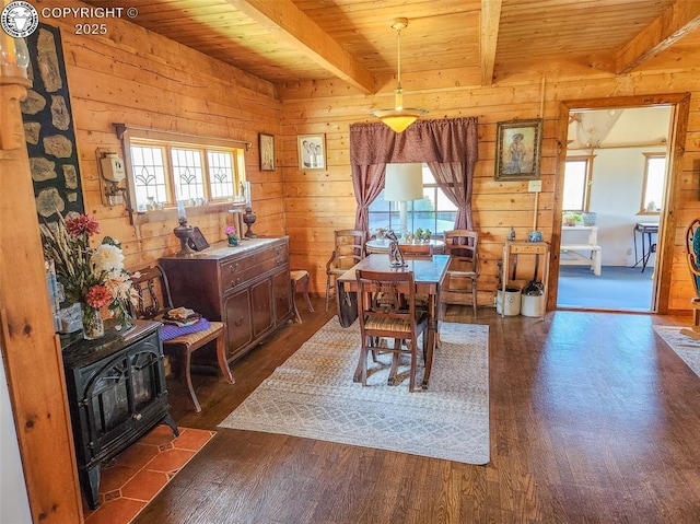 1660 Lone Tree Cir, Westcliffe, CO 81252 - dining space with a wood stove, dark wood-type flooring, wood ceiling with exposed beams, wood walls, and healthy amount of natural light