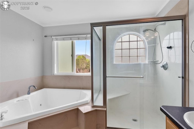 121 Mourning Dove Dr, Canon City, CO 81212 - full bath featuring a shower stall, a bath, vanity, and crown molding