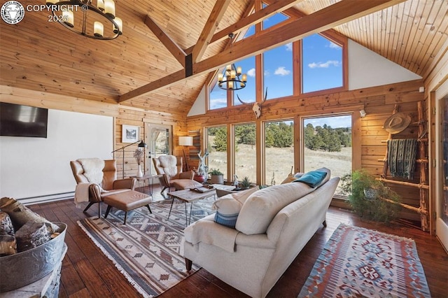 living room with wood walls, high vaulted ceiling, and a notable chandelier