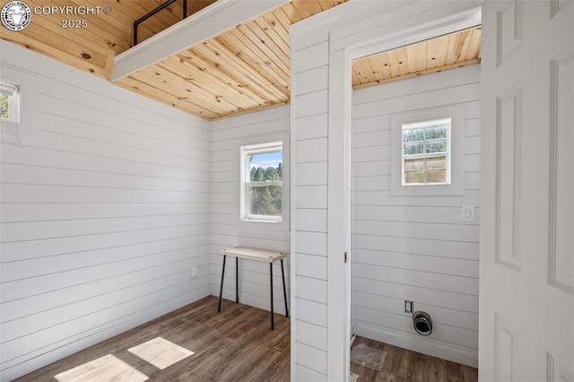 laundry room featuring wood finished floors, wood walls, and wooden ceiling