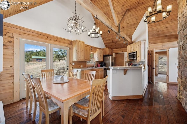 dining area with wooden ceiling, high vaulted ceiling, and an inviting chandelier