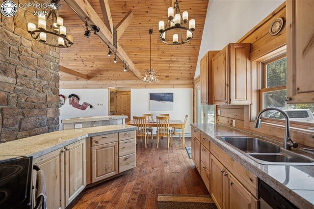 kitchen featuring a chandelier, high vaulted ceiling, wood ceiling, and a sink
