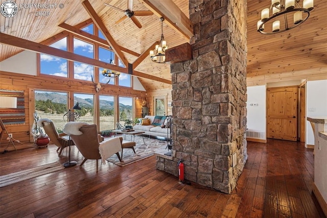 living area with beam ceiling, visible vents, wood ceiling, high vaulted ceiling, and wood-type flooring