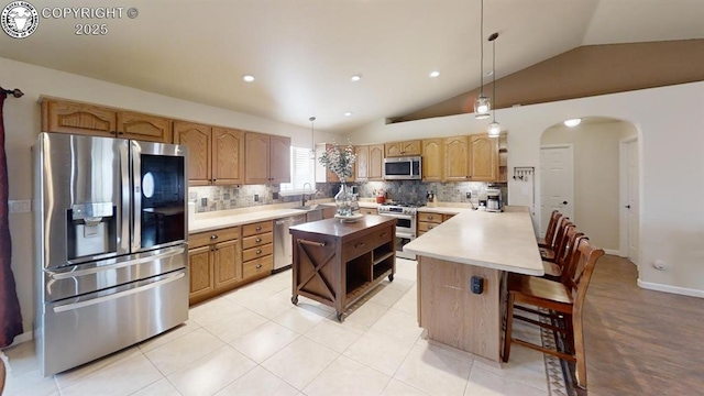1018 S Camino De Bravo, Pueblo West, CO 81007 - kitchen with stainless steel appliances, vaulted ceiling, backsplash, arched walkways, and a sink