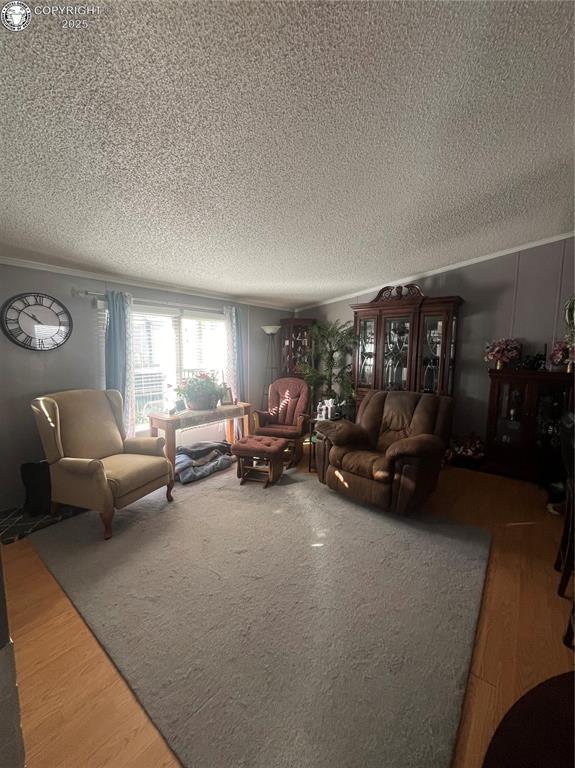 living room featuring hardwood / wood-style flooring, ornamental molding, and a textured ceiling