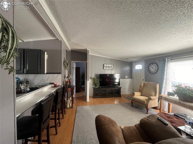 living room featuring ornamental molding, vaulted ceiling, a textured ceiling, and light wood-type flooring