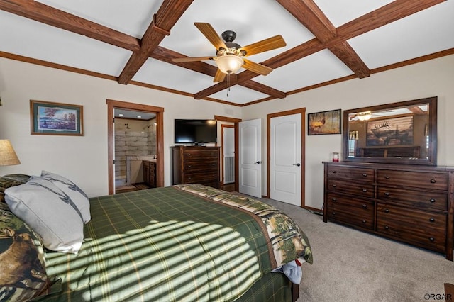 bedroom featuring coffered ceiling, light carpet, ceiling fan, and ensuite bathroom