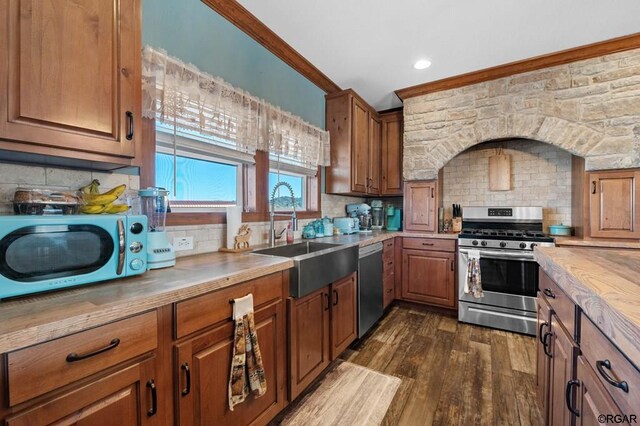 kitchen featuring tasteful backsplash, appliances with stainless steel finishes, sink, and dark hardwood / wood-style floors