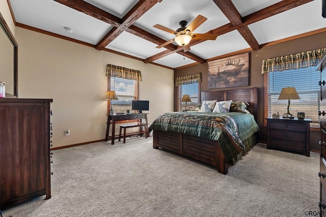 carpeted bedroom with coffered ceiling, beamed ceiling, and ceiling fan