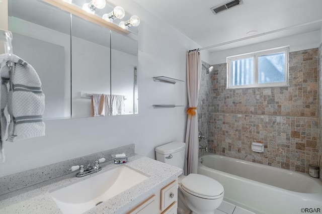 full bathroom with toilet, vanity, and shower / bathtub combination with curtain