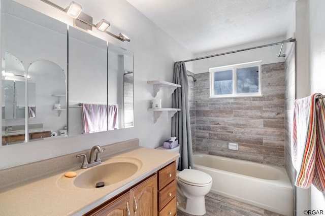 full bathroom with vanity, wood-type flooring, toilet, and shower / bath combo with shower curtain