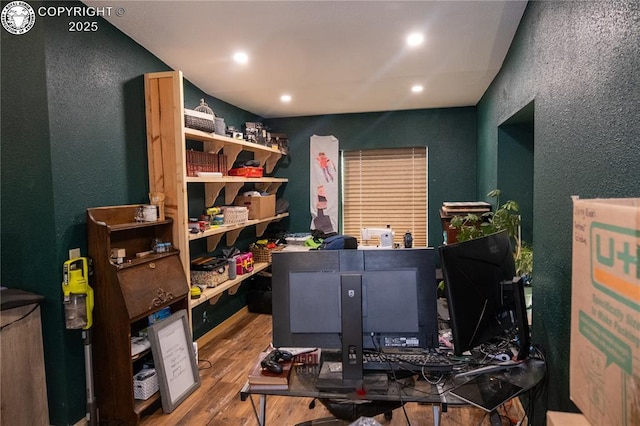 430 Broadway St, Silver Cliff, CO 81252 - office featuring wood finished floors, a textured wall, and recessed lighting