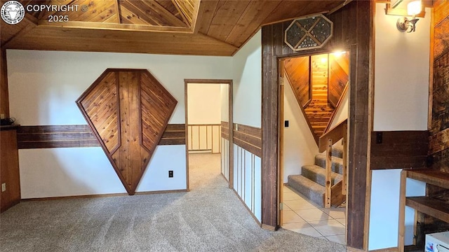 21501 Chalk Creek Dr, Nathrop, CO 81236 - interior space with wooden ceiling, lofted ceiling, carpet, and stairway