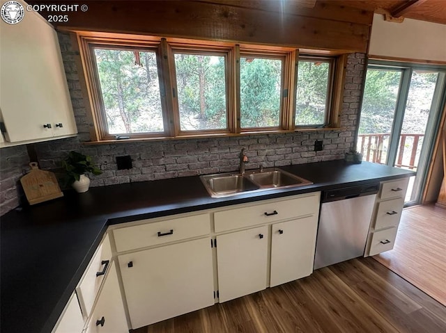 21501 Chalk Creek Dr, Nathrop, CO 81236 - kitchen with a sink, wood finished floors, dishwasher, white cabinets, and dark countertops