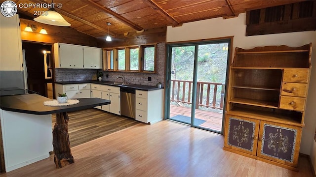 21501 Chalk Creek Dr, Nathrop, CO 81236 - kitchen with wood finished floors, wooden ceiling, white cabinets, stainless steel dishwasher, and dark countertops