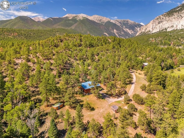 21501 Chalk Creek Dr, Nathrop, CO 81236 - aerial view featuring a wooded view and a mountain view