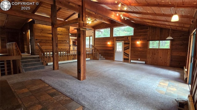 21501 Chalk Creek Dr, Nathrop, CO 81236 - interior space featuring wooden ceiling, wood walls, beam ceiling, and stairway