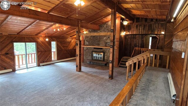 21501 Chalk Creek Dr, Nathrop, CO 81236 - bonus room featuring wood walls, carpet flooring, baseboard heating, wood ceiling, and vaulted ceiling with beams