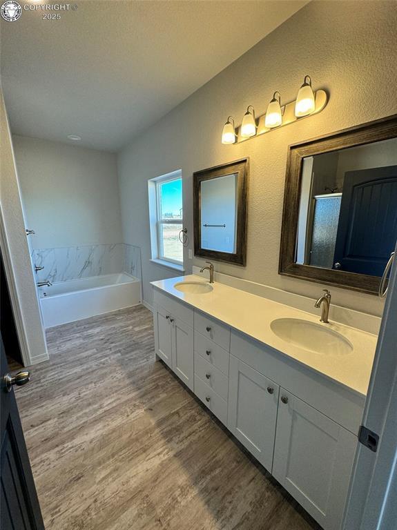 bathroom with wood-type flooring, independent shower and bath, and vanity