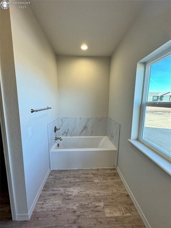 bathroom featuring a bath and hardwood / wood-style floors