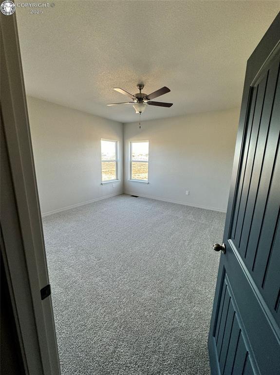 empty room featuring light carpet, ceiling fan, and a textured ceiling