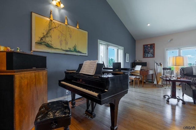 miscellaneous room with hardwood / wood-style floors and high vaulted ceiling